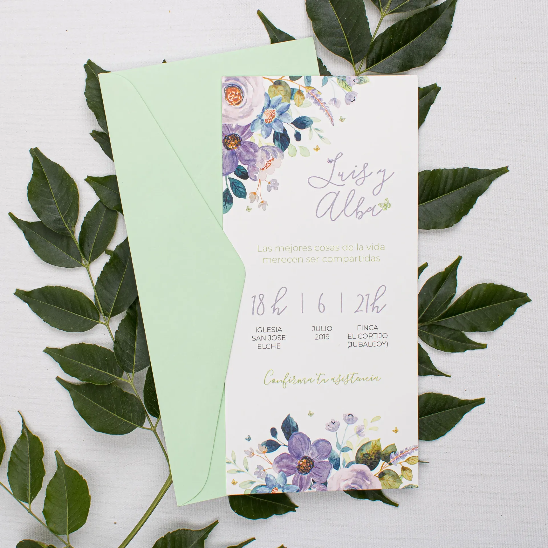 INVITACIÓN DE BODA FLORAL  PURPLE (SI, COTTON KRAFT)