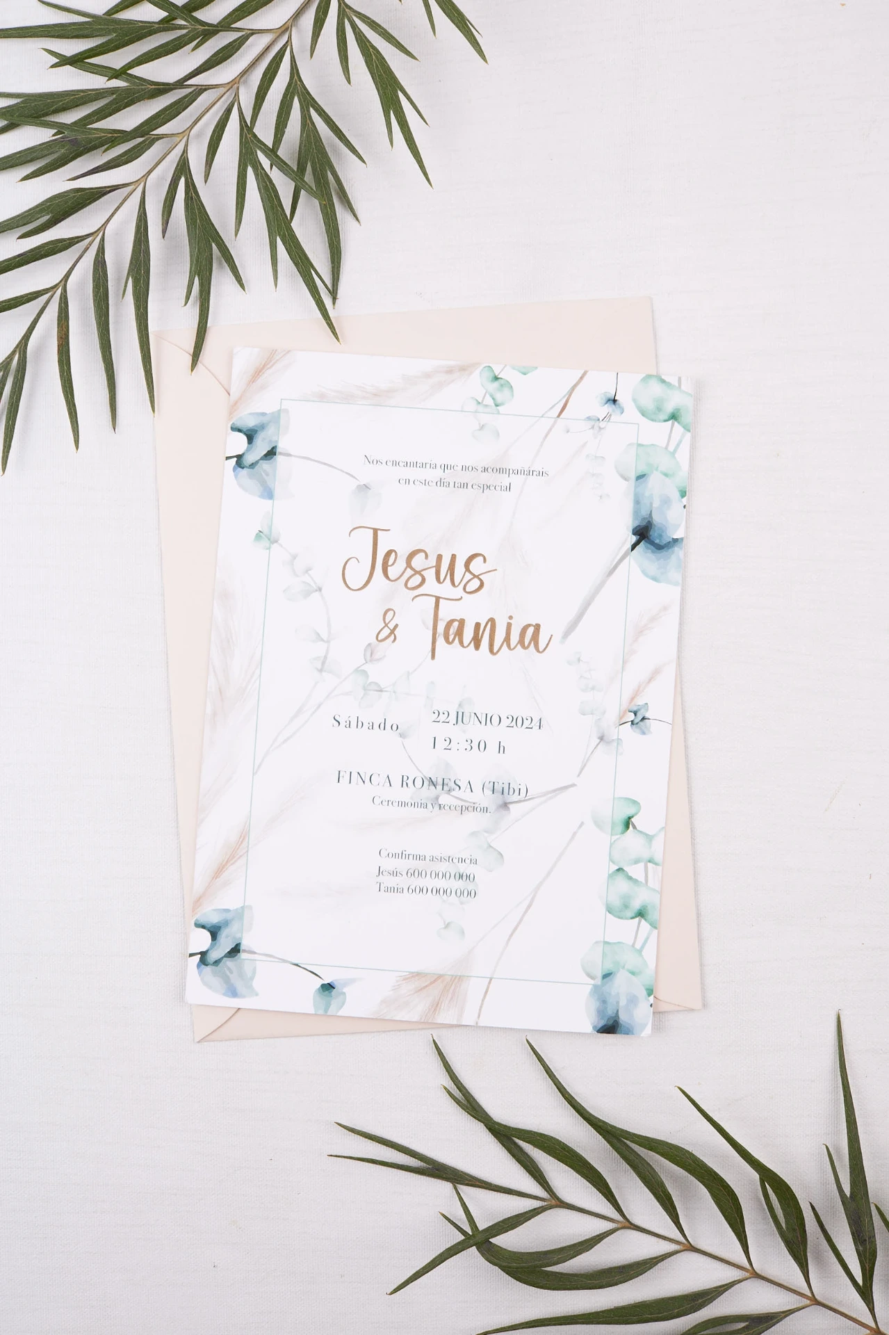 INVITACIÓN DE BODA ESENCIA BOTÁNICA (SI, AZUL CIELO)