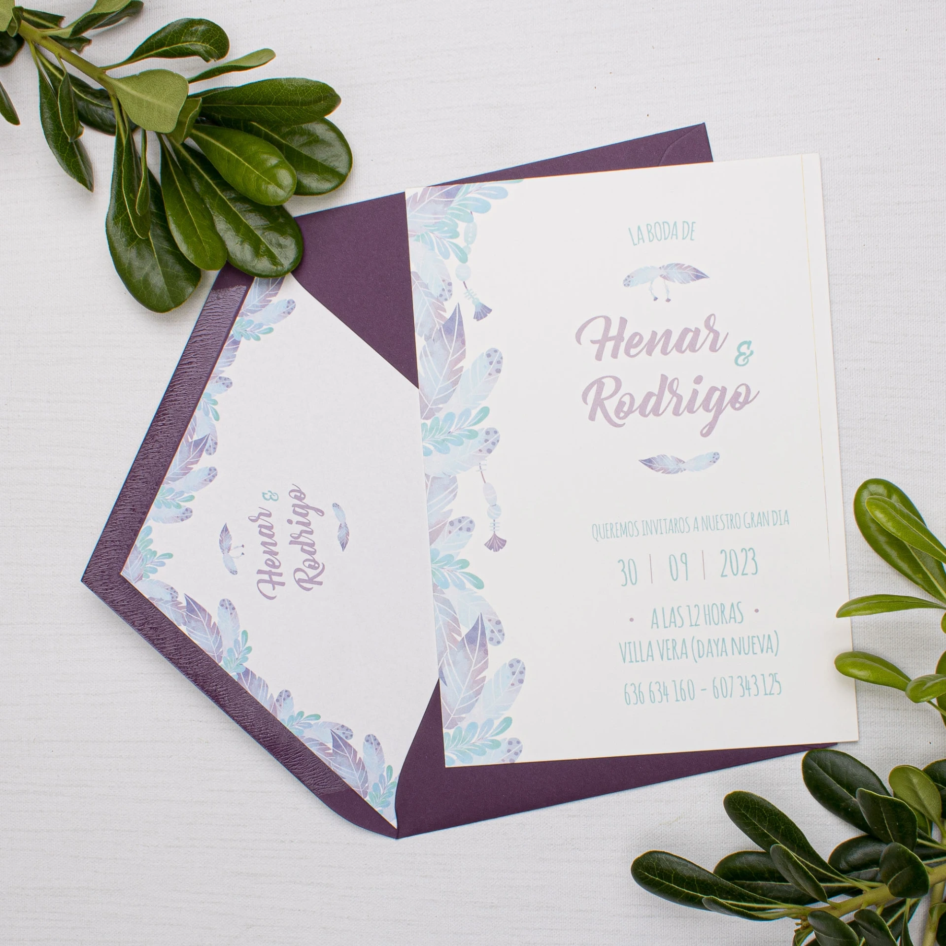 Invitación de boda Purple Boho (SI, AZUL CIELO)