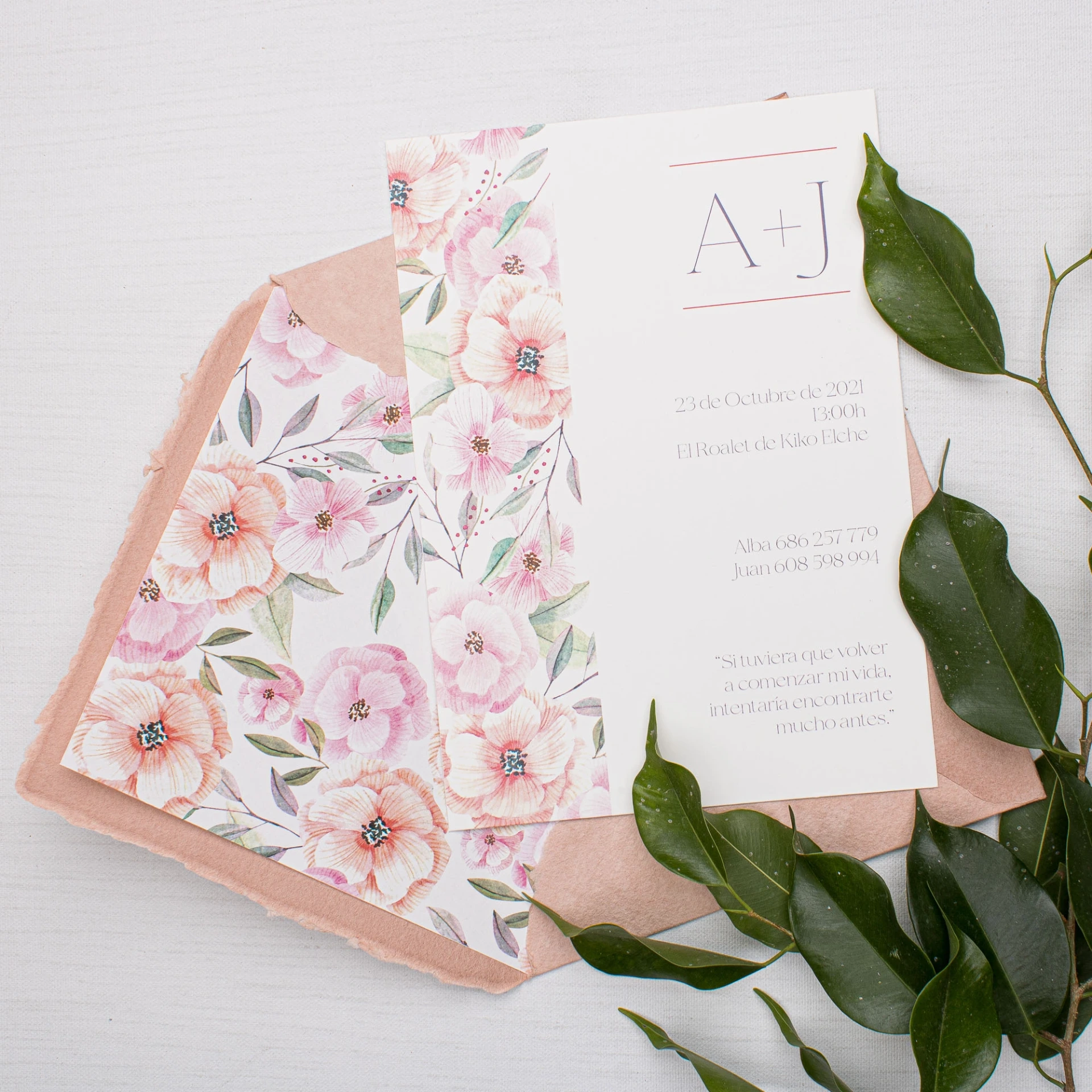 Invitación de boda Rosa Peach (SI, AZUL CIELO)