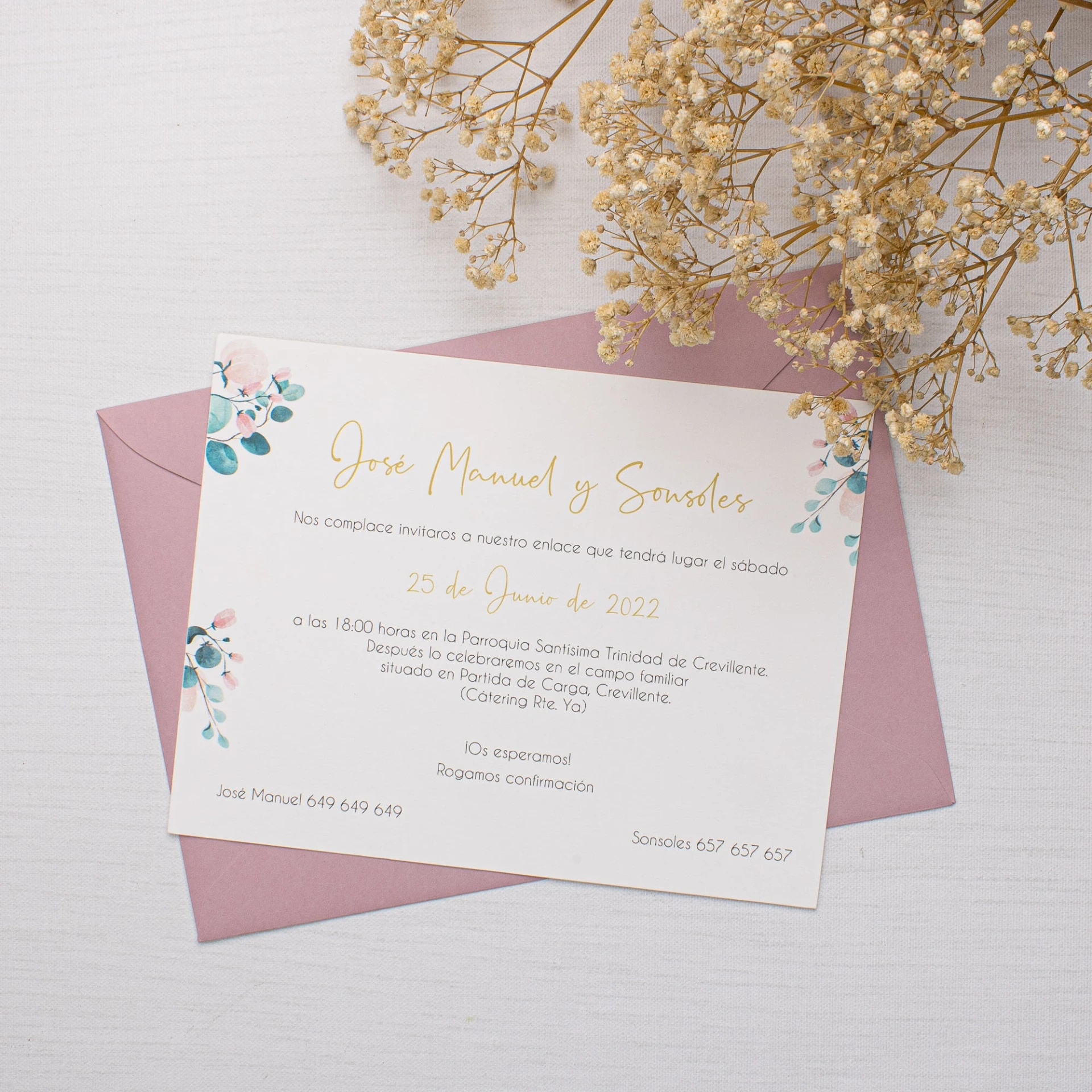 Invitación de boda Rosé Eucalyptus (SI, AZUL CIELO)