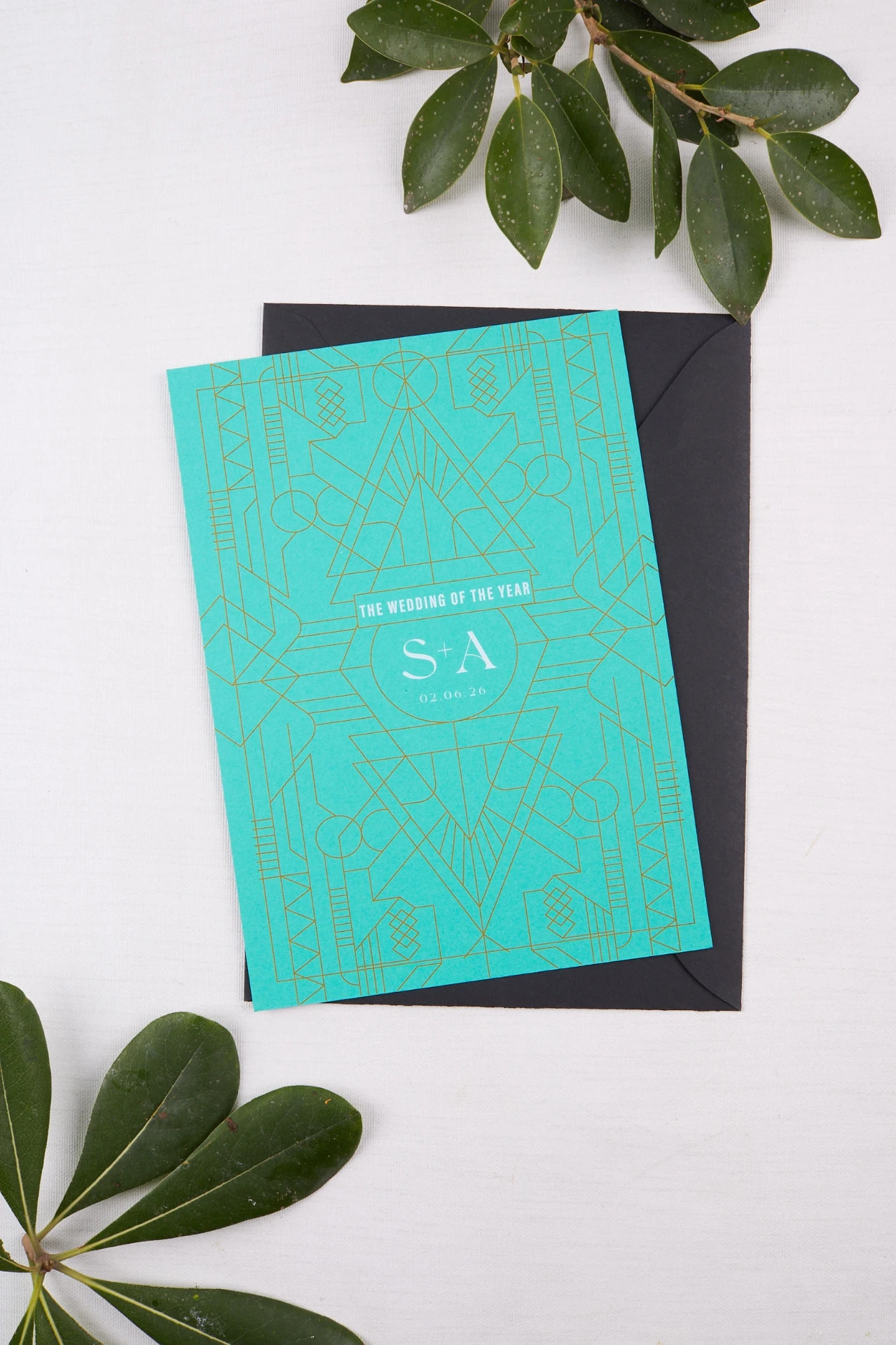 INVITACIÓN DE BODA ART DECÓ JADE (SI, AZUL CIELO)